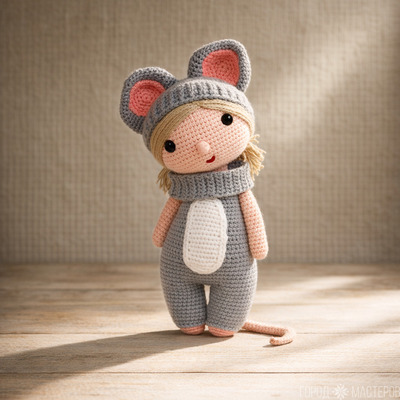 Вязаная девочка в костюме мышки . 23 см - 3