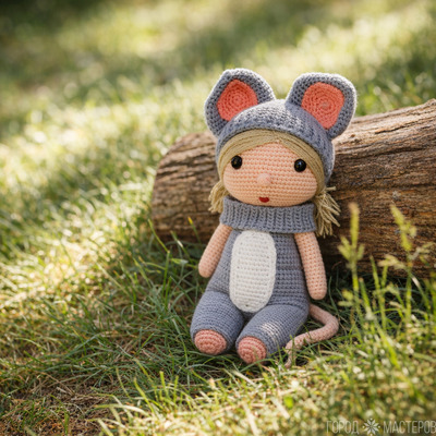 Вязаная девочка в костюме мышки . 23 см - 4