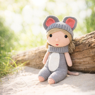 Вязаная девочка в костюме мышки . 23 см - 5
