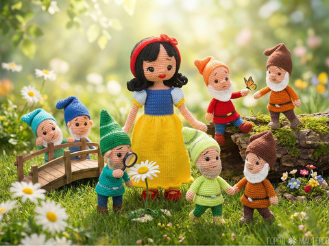 Вязаные игрушки ''Белоснежка и семь гномов''