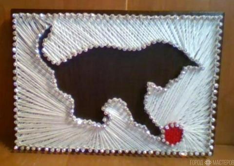 Панно(КОТИК С МЯЧИКОМ ) в технике "Стринг арт"