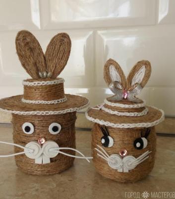 Дуэтик (Зайка - копилочка и Зайка - конфетник) из джута (цена за пару) полностью ручная работа.