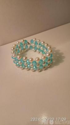 БРАСЛЕТИК из бусин в цвете бирюза(граненные)и жемчужных - 2