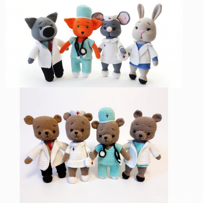Вязаные игрушки-звери-медики — мишки, лис, волк, мышка,  зайка в медицинских образах