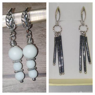 Серьги с белым агатом, гематитом